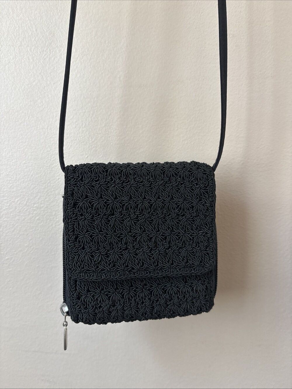 Vintage Black Crocheted Crossbody Wallet Coin Purse Boho Handmade Shoulder Bag